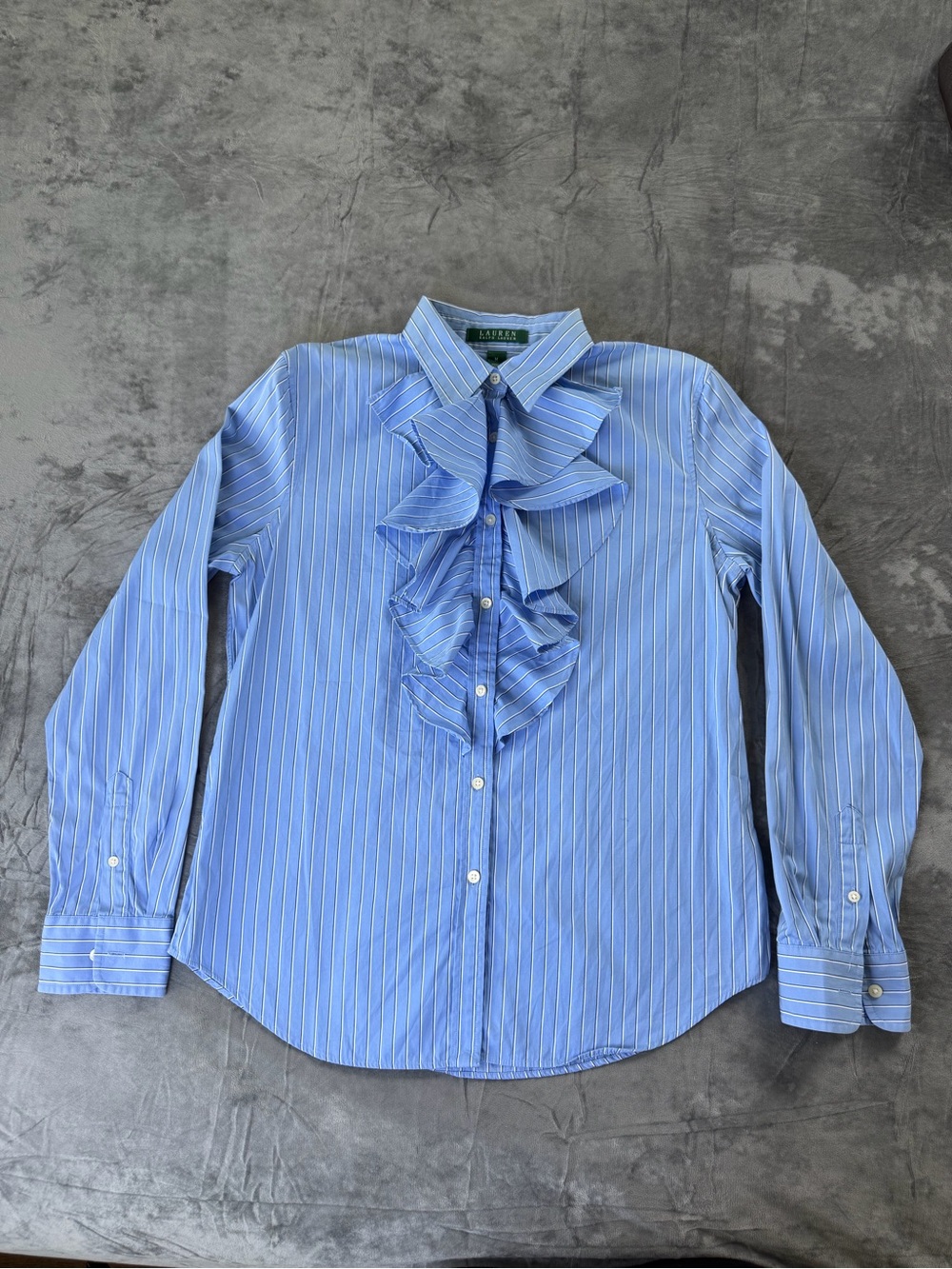 "Lauren Ralph Lauren Blue I& White Striped Blouse with Ruffles." - Picture 2 of 9